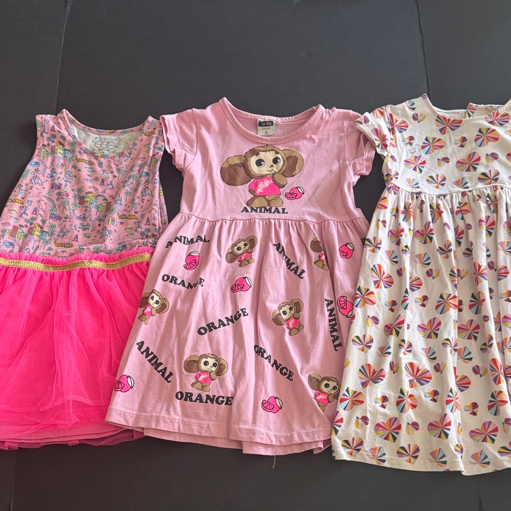 A bundle of 3 cotton dressesPink Animal Print Kids Dress